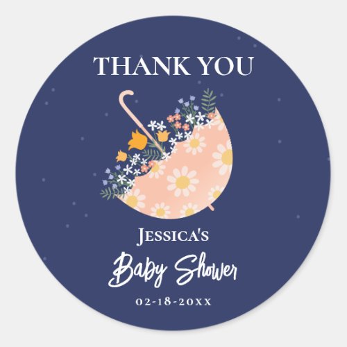 Whimsical Flowers Umbrella Baby Shower Thank You Classic Round Sticker