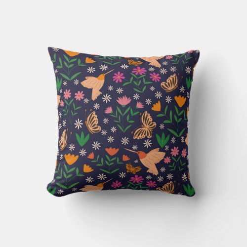 Whimsical Flowers  with birds and butterflies   Throw Pillow