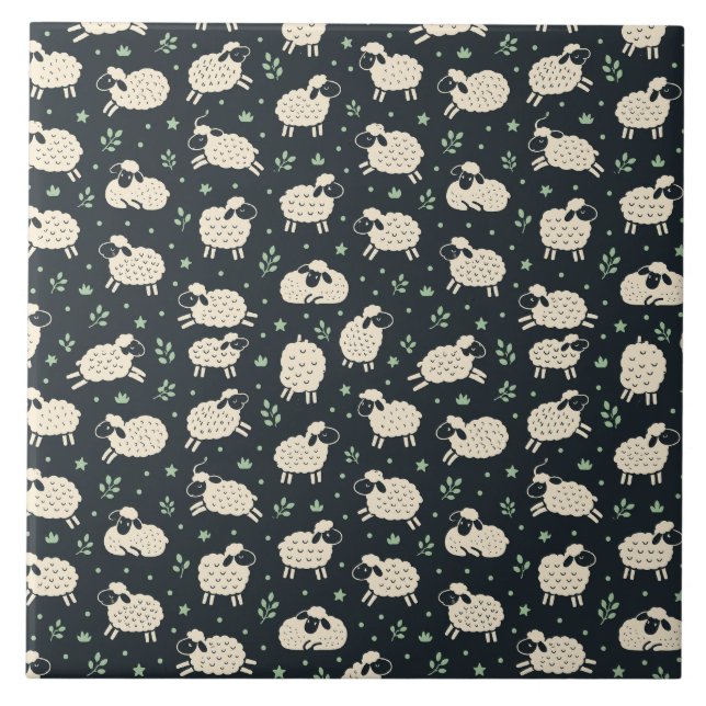 Whimsical Fluffy Sheep Pattern Ceramic Tile (Front)