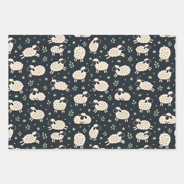 Whimsical Fluffy Sheep Pattern Wrapping Paper Sheets (Front)