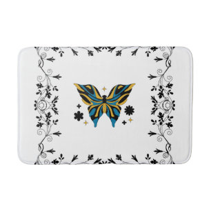 Whimsical Fluttering Black and White Butterfly Bath Mat