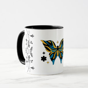 Whimsical Fluttering – Blue Butterfly Floral Art Mug