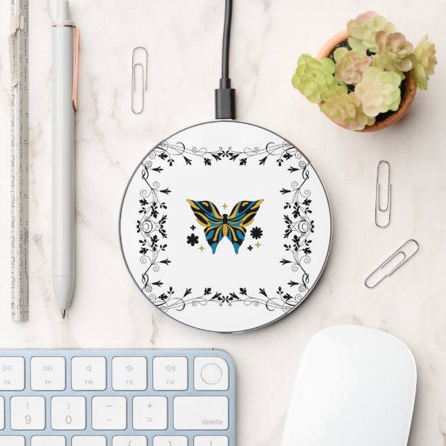 Whimsical Fluttering – Blue Butterfly Floral Art Wireless Charger (Desk)