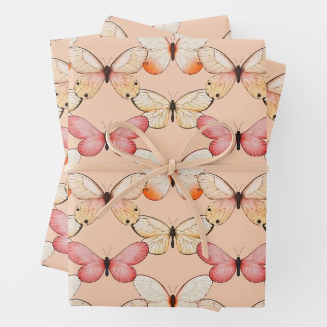 Whimsical Fluttering Butterflies Pattern Wrapping Paper Sheets (In situ)