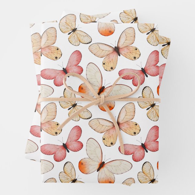 Whimsical Fluttering Butterflies Pattern Wrapping Paper Sheets (In situ)