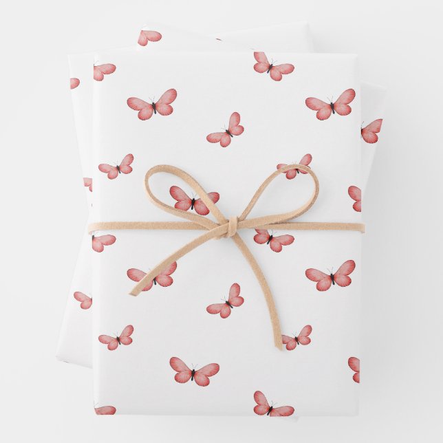 Whimsical Fluttering Butterflies Pattern Wrapping Paper Sheets (In situ)