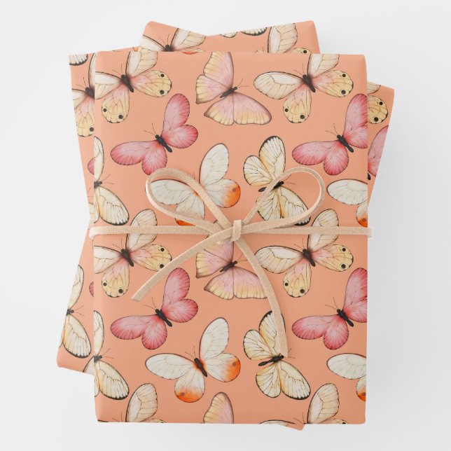 Whimsical Fluttering Butterflies Pattern Wrapping Paper Sheets (In situ)