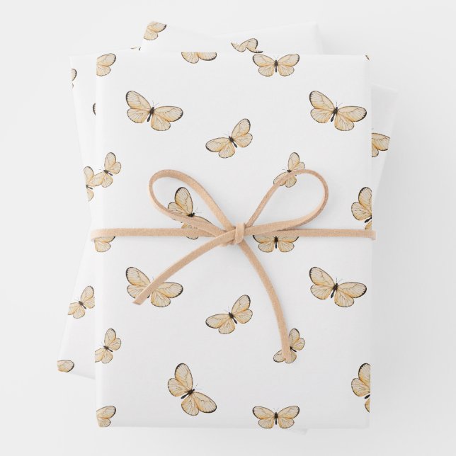 Whimsical Fluttering Butterflies Pattern Wrapping Paper Sheets (In situ)