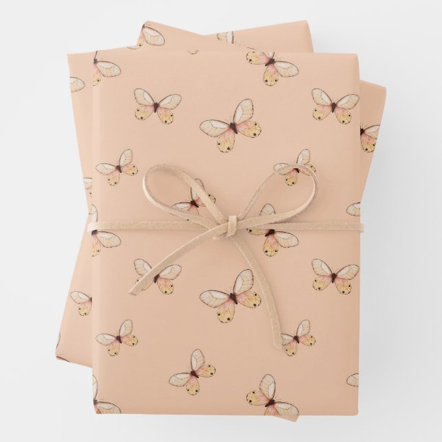 Whimsical Fluttering Butterflies Pattern Wrapping Paper Sheets (In situ)