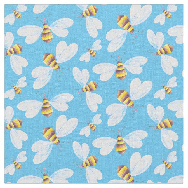 Whimsical flying bee watercolor art pattern fabric (Close Up)
