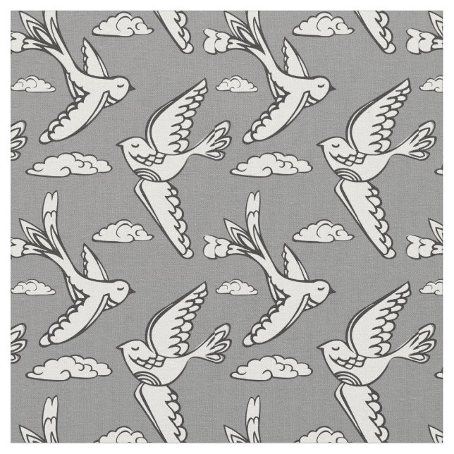 Whimsical flying birds graphic mono fabric (Close Up)