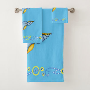 Whimsical Flying Bluebird Yellow Tail Scrolls Bath Towel Set