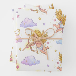 Whimsical Flying Cupids in Blue Sky Fantasy Wrapping Paper Sheets