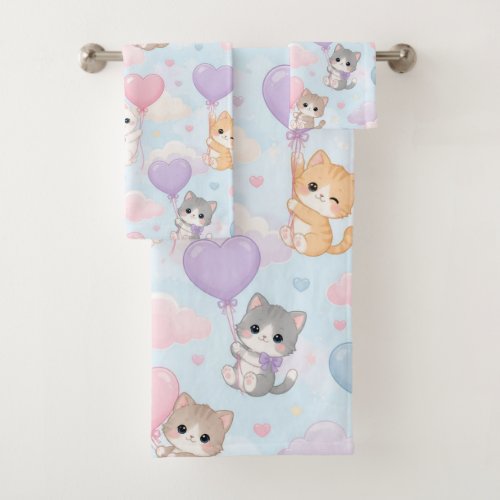 Whimsical Flying Kittens and Heart Balloons Bath Towel Set