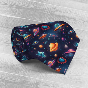 Whimsical Flying Objects Planets Space AI Art Neck Tie
