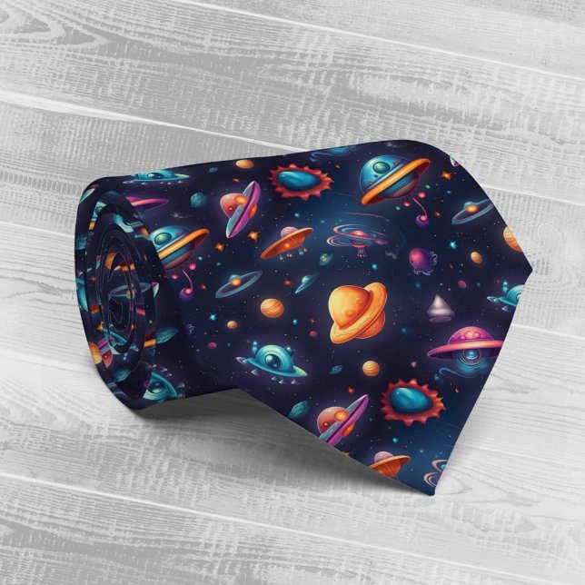 Whimsical Flying Objects Planets Space AI Art Neck Tie (Creator Uploaded)