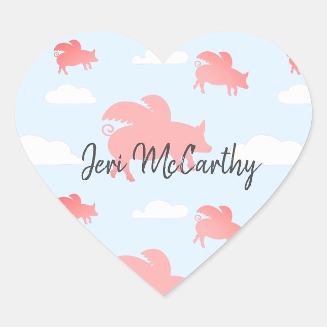 Whimsical Flying Pigs Heart Sticker (Front)