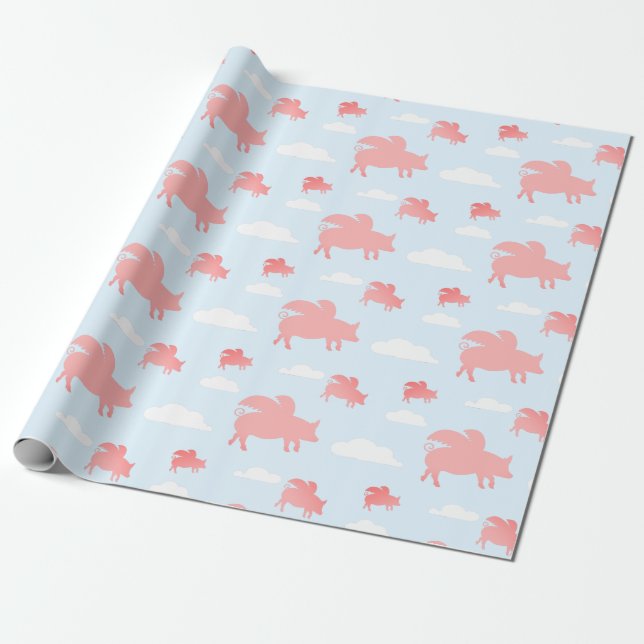 Whimsical Flying Pigs Wrapping Paper (Unrolled)