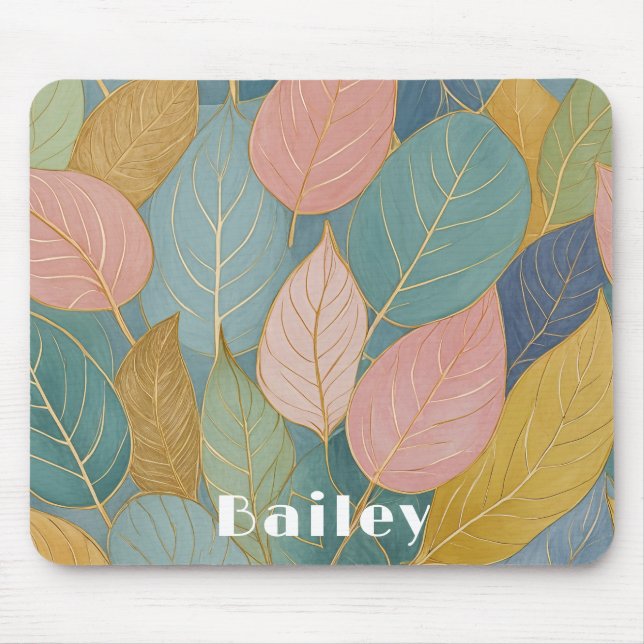 Whimsical Foliage: Pastel Leaves Mouse Mat (Front)