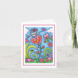 WHIMSICAL FOLK ART BIRD, PINK HEARTS GARDEN Blank Card