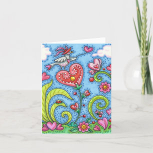 WHIMSICAL FOLK ART BIRD, PINK HEARTS GARDEN Blank Card