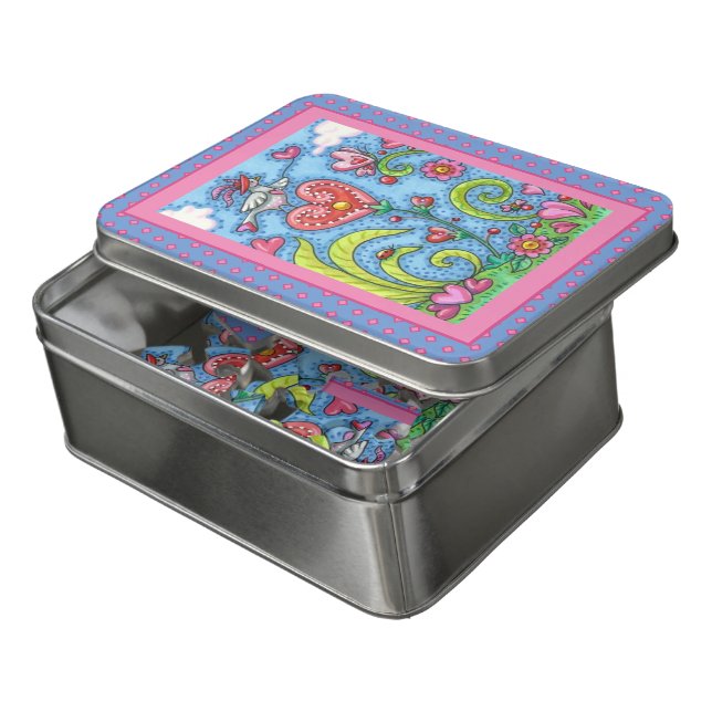 WHIMSICAL FOLK ART BIRD, VALENTINE HEARTS GARDEN JIGSAW PUZZLE (Lid Open)