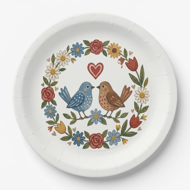 Whimsical Folk Art Birds & Floral Wreath Wedding Paper Plates (Front)