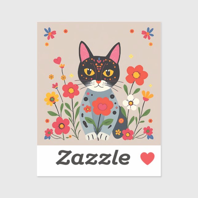 Whimsical Folk Art Black Cat and Flowers  Sticker (Sheet)