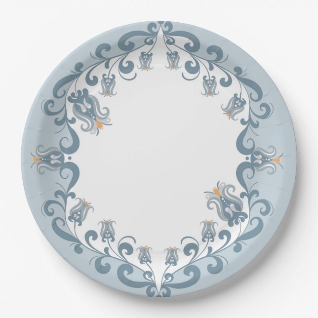 Whimsical Folk Art Blue | Baby Shower Paper Plate (Front)