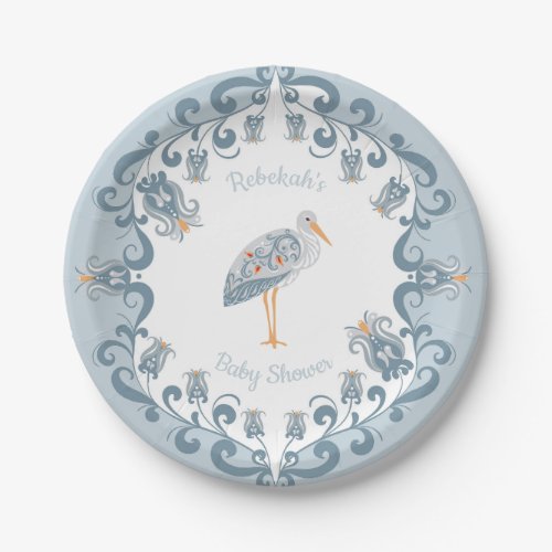 Whimsical Folk Art Blue  Baby Shower Paper Plate