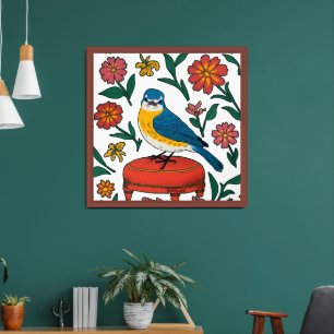 Whimsical Folk Art Bluebird with Colorful Flowers Framed Art