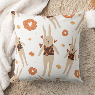 Whimsical Folk Art Bunny Character Seamless  Throw Pillow