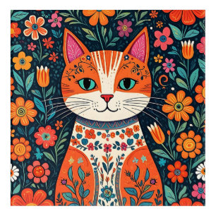 Whimsical Folk Art Cat and Flowers