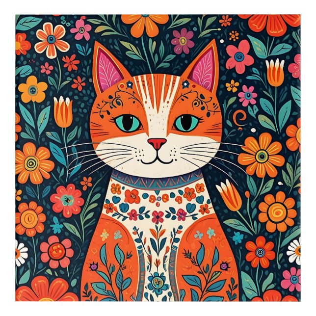 Whimsical Folk Art Cat and Flowers (Front)