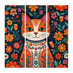 Whimsical Folk Art Cat and Flowers