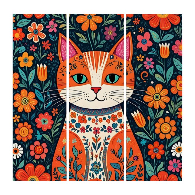 Whimsical Folk Art Cat and Flowers (Front)