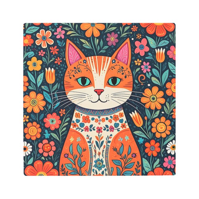 Whimsical Folk Art Cat and Flowers (Front)