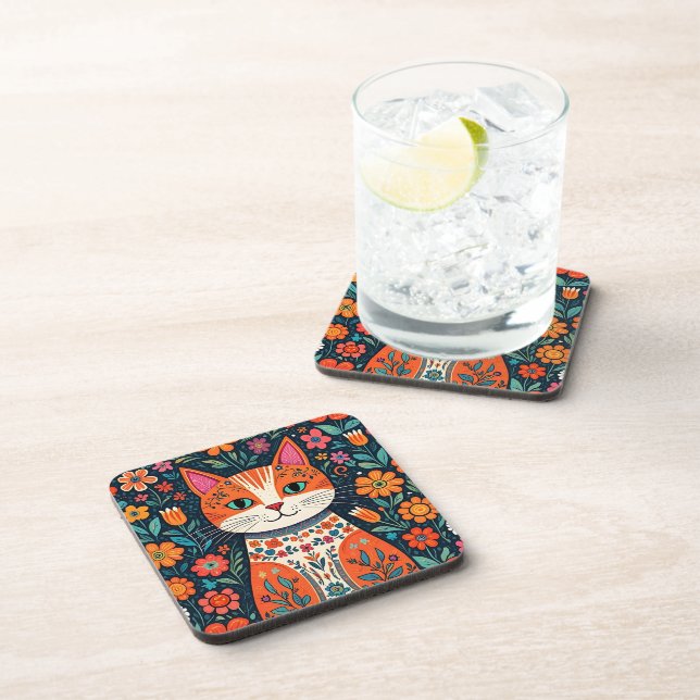 Whimsical Folk Art Cat and Flowers Beverage Coaster (Right Side)