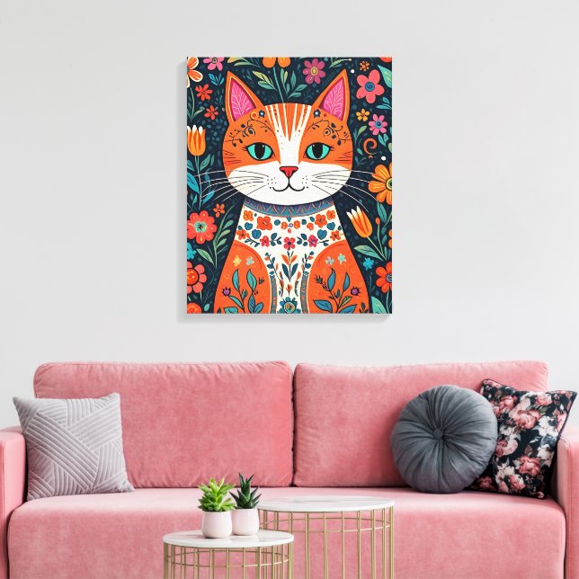Whimsical Folk Art Cat and Flowers Canvas Print (Insitu(LivingRoom))