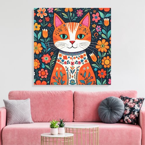 Whimsical Folk Art Cat and Flowers Canvas Print