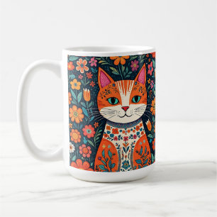 Whimsical Folk Art Cat and Flowers Coffee Mug