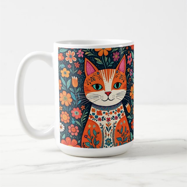 Whimsical Folk Art Cat and Flowers Coffee Mug (Left)