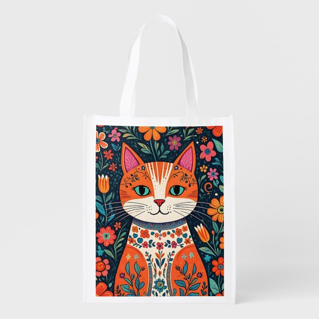 Whimsical Folk Art Cat and Flowers Grocery Bag (Front)