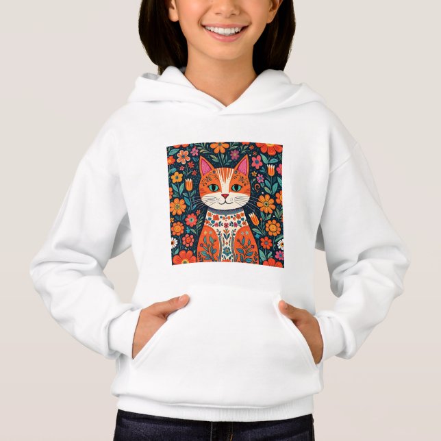 Whimsical Folk Art Cat and Flowers Hoodie (Front)