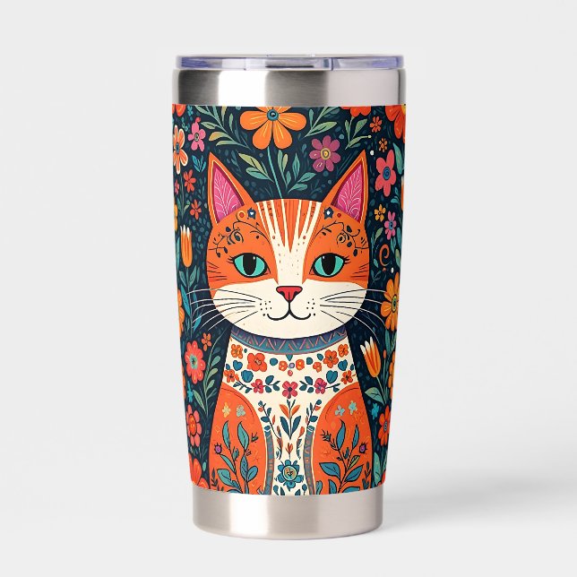 Whimsical Folk Art Cat and Flowers Insulated Tumbler (Front)