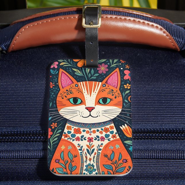 Whimsical Folk Art Cat and Flowers Luggage Tag (Front Insitu 2)