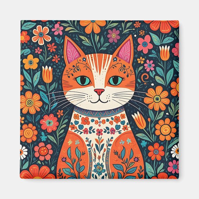 Whimsical Folk Art Cat and Flowers Magnet (Front)