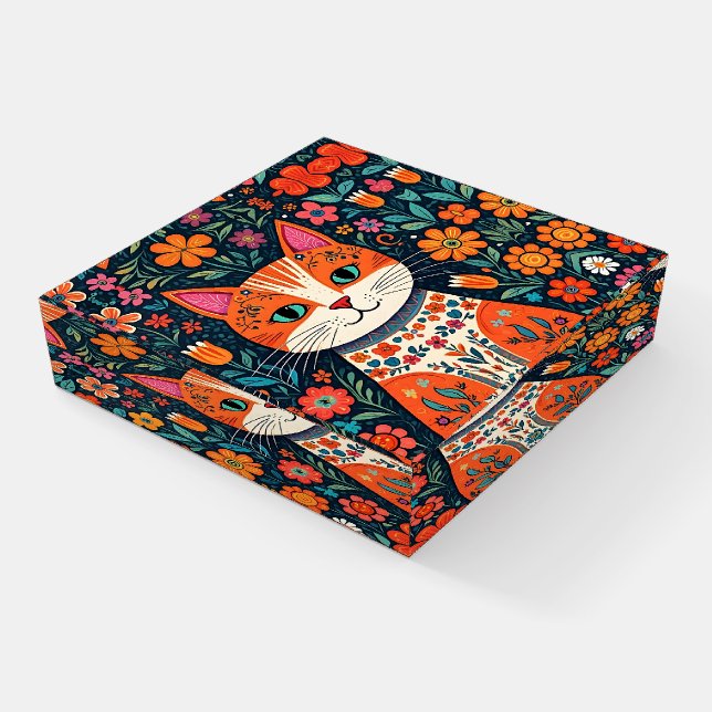 Whimsical Folk Art Cat and Flowers Paperweight (Angled)