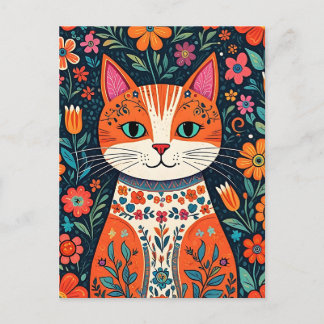 Whimsical Folk Art Cat and Flowers Postcard