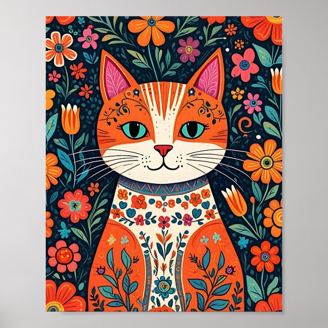 Whimsical Folk Art Cat and Flowers Poster (Front)